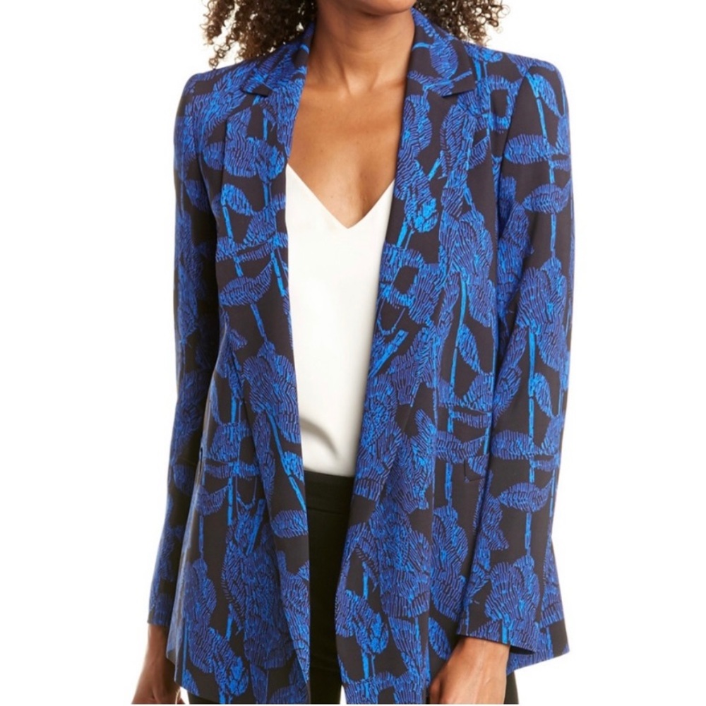 Escada Blue Black Blazer Abstract Leaf Print Vicose Drape Front Open Blazer